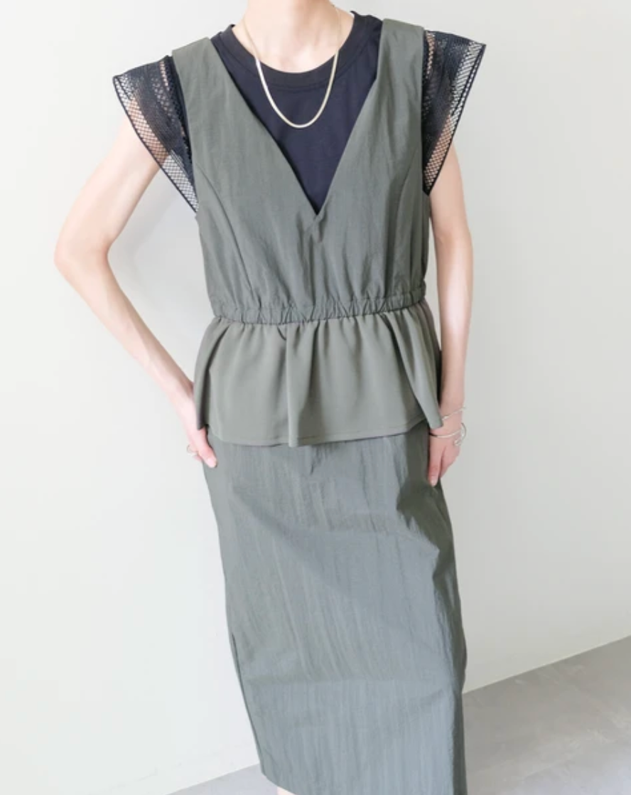 Mesh-Sleeve Peplum Military Dress