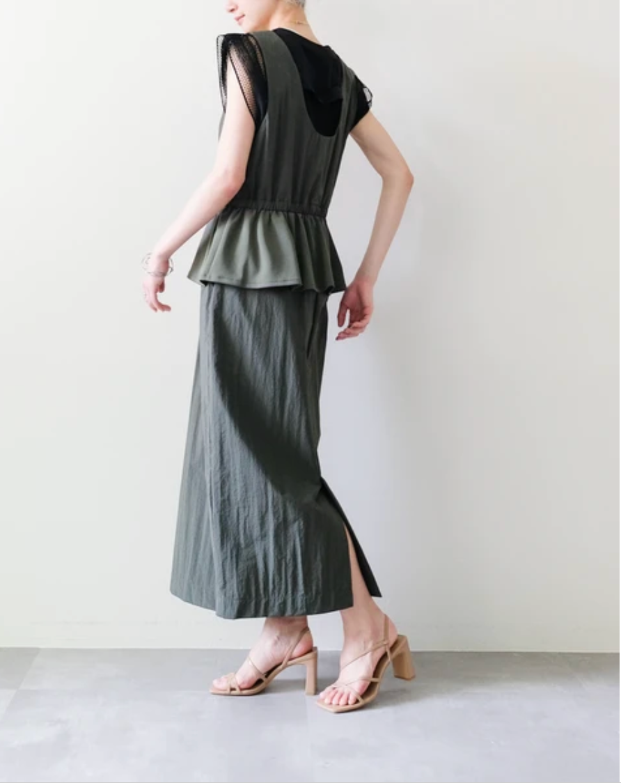 Mesh-Sleeve Peplum Military Dress