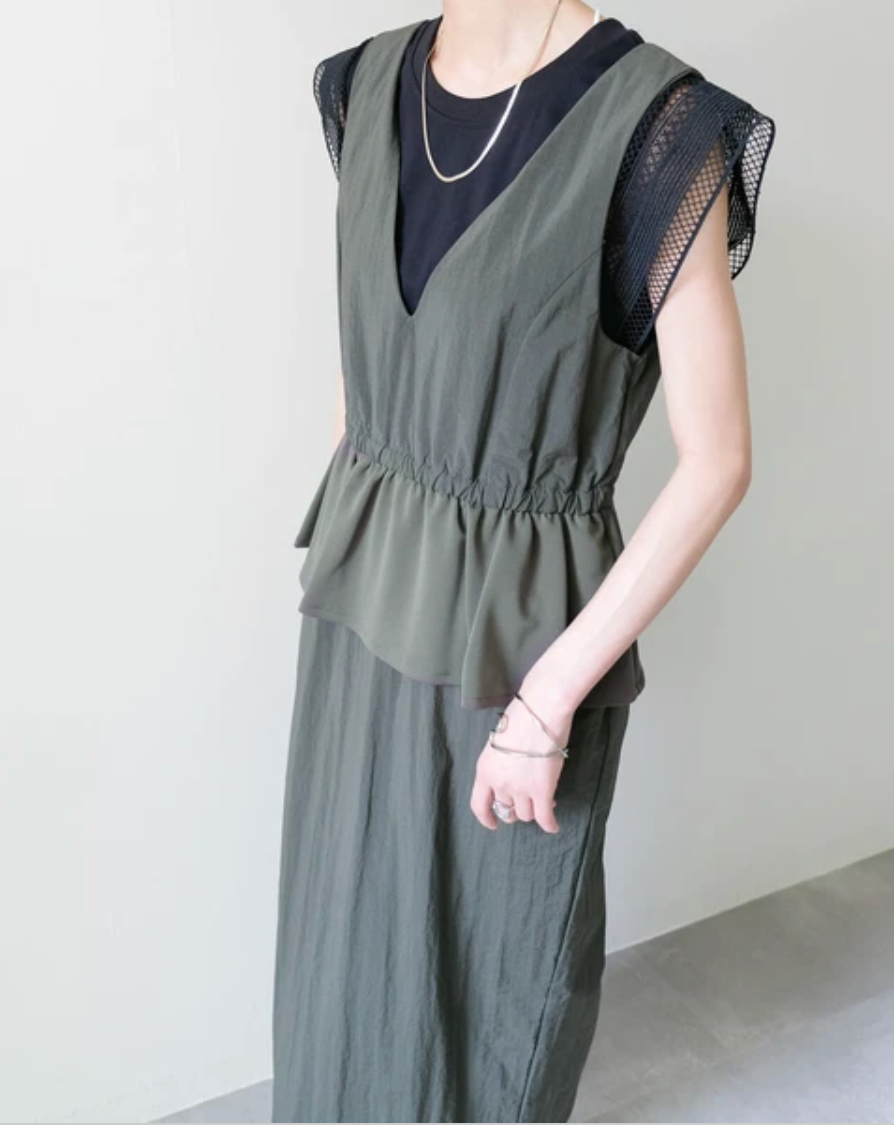 Mesh-Sleeve Peplum Military Dress
