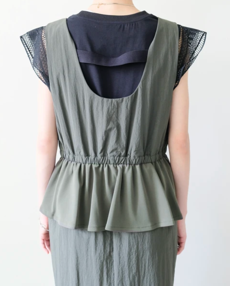 Mesh-Sleeve Peplum Military Dress