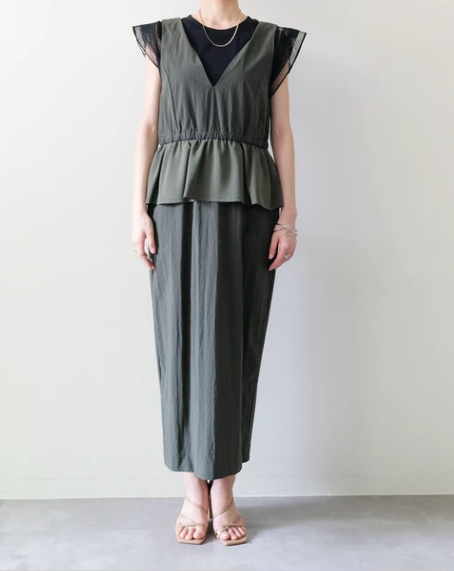 Mesh-Sleeve Peplum Military Dress