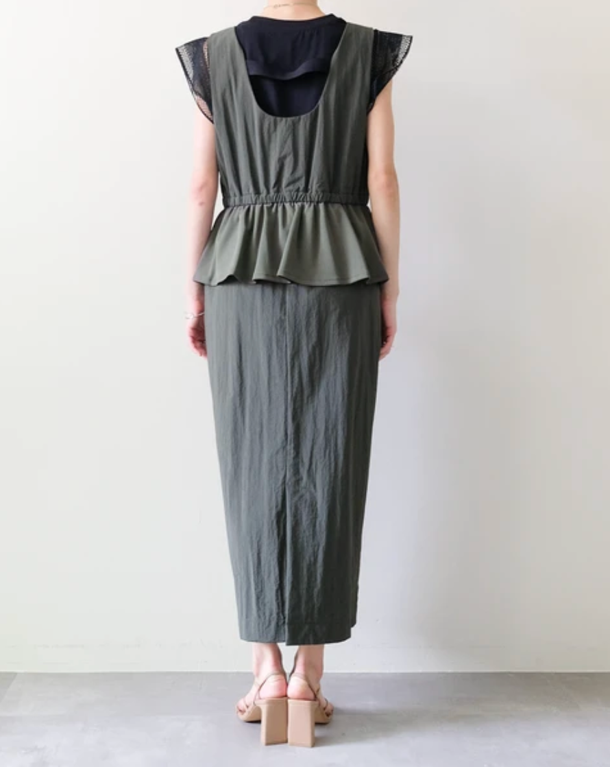 Mesh-Sleeve Peplum Military Dress