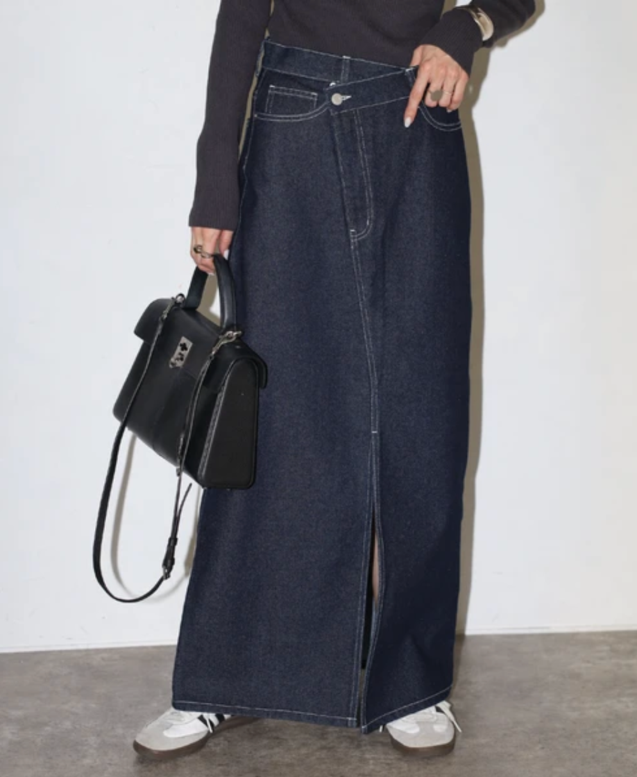 Cross Waist Denim Maxi Skirt