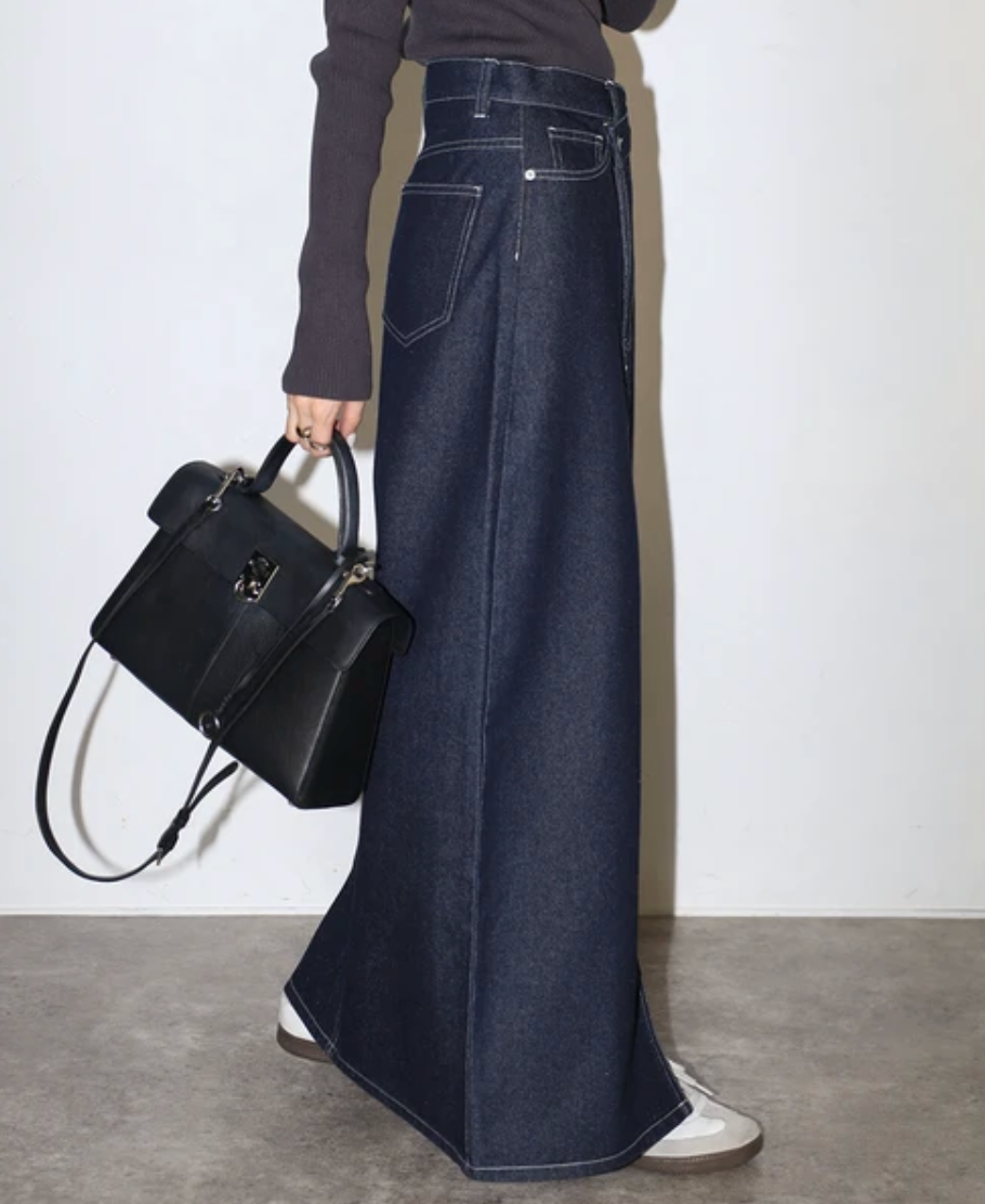 Cross Waist Denim Maxi Skirt