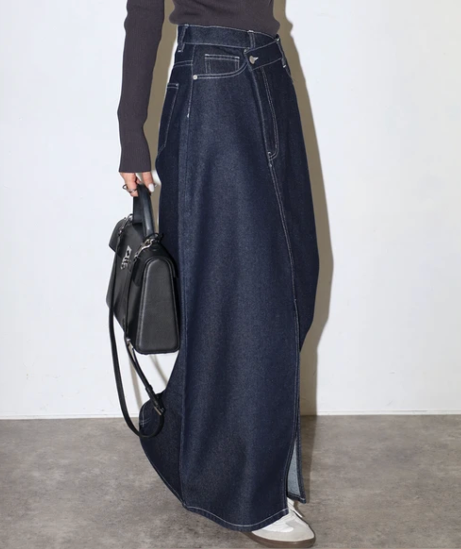 Cross Waist Denim Maxi Skirt