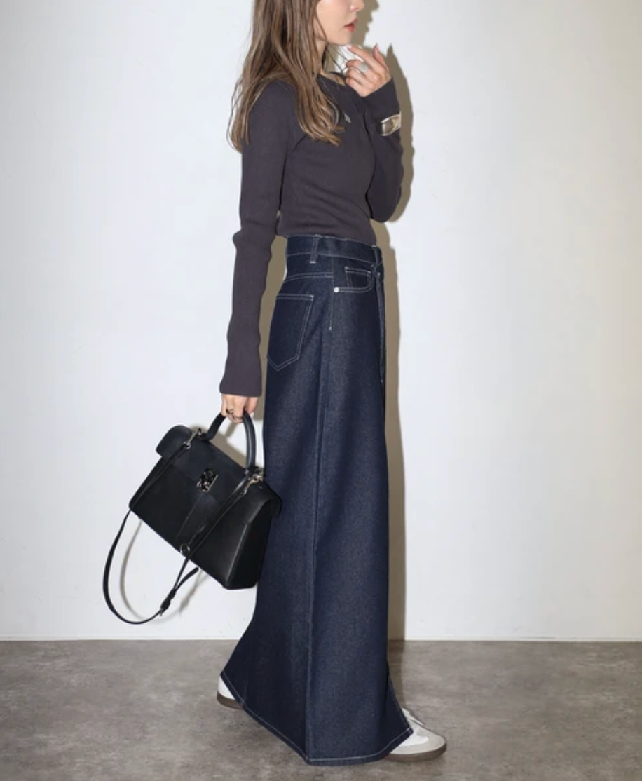 Cross Waist Denim Maxi Skirt