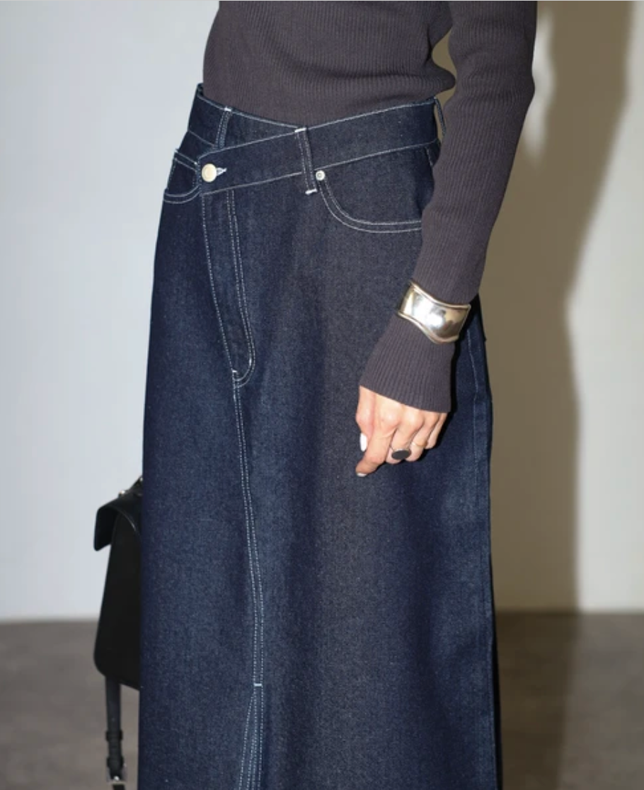 Cross Waist Denim Maxi Skirt