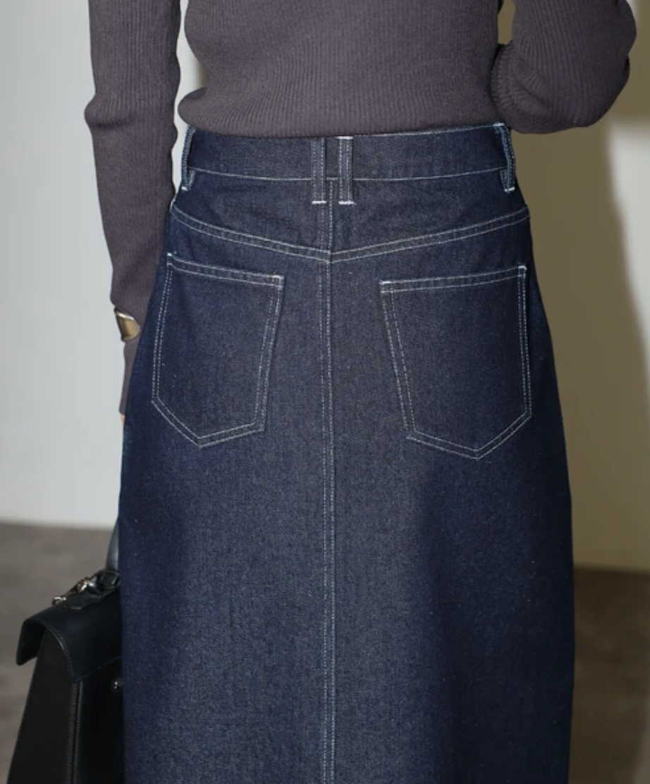 Cross Waist Denim Maxi Skirt