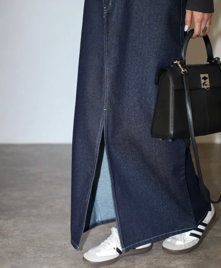 Cross Waist Denim Maxi Skirt