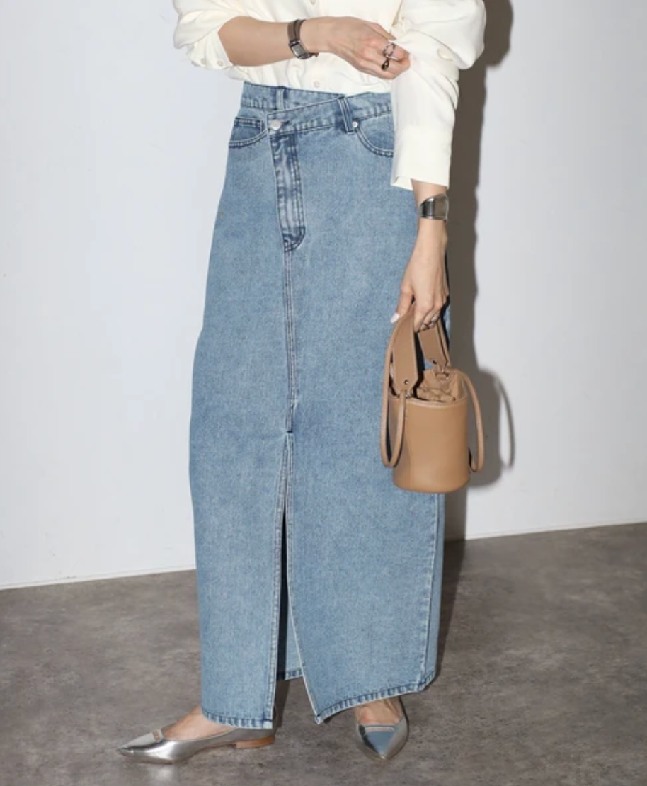 Cross Waist Denim Maxi Skirt