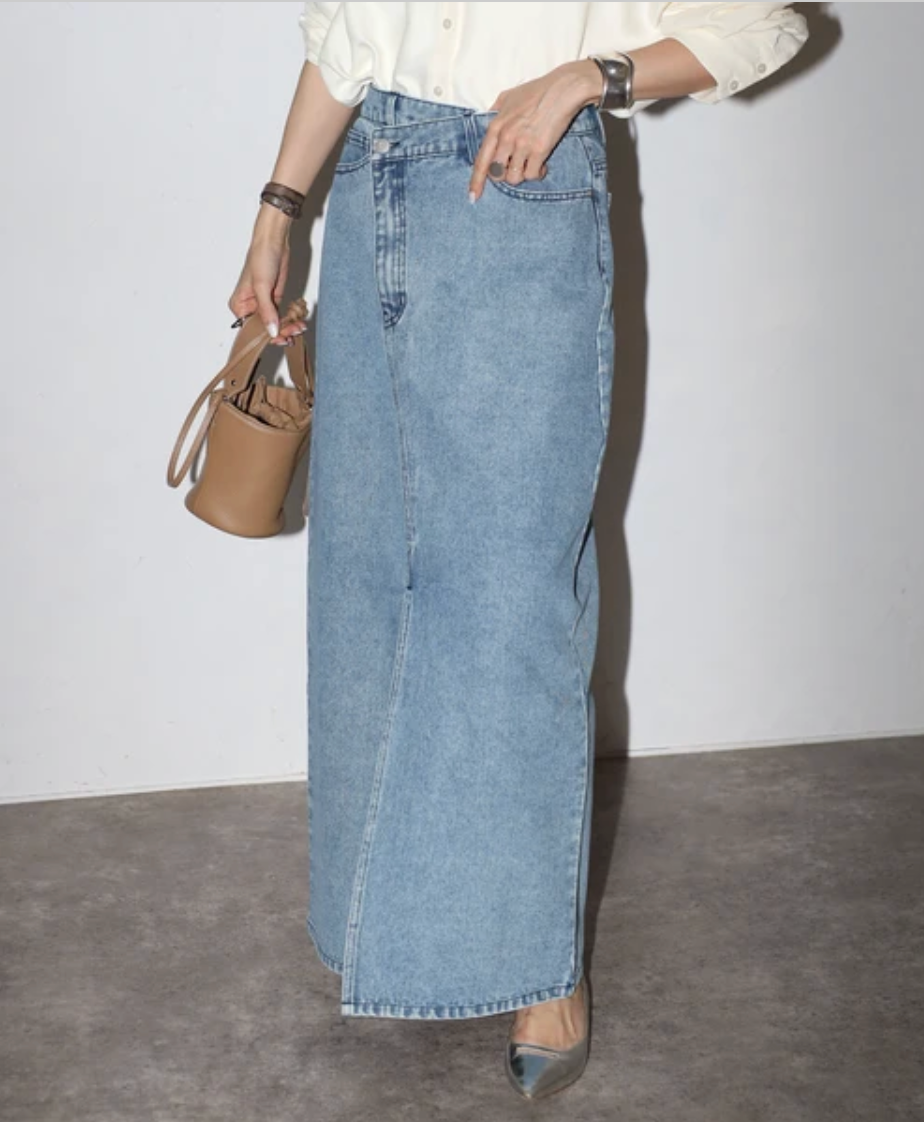 Cross Waist Denim Maxi Skirt