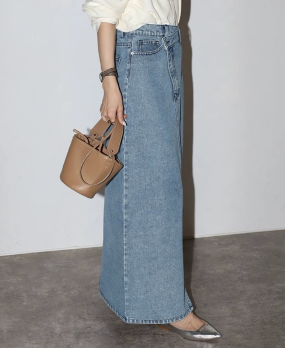 Cross Waist Denim Maxi Skirt