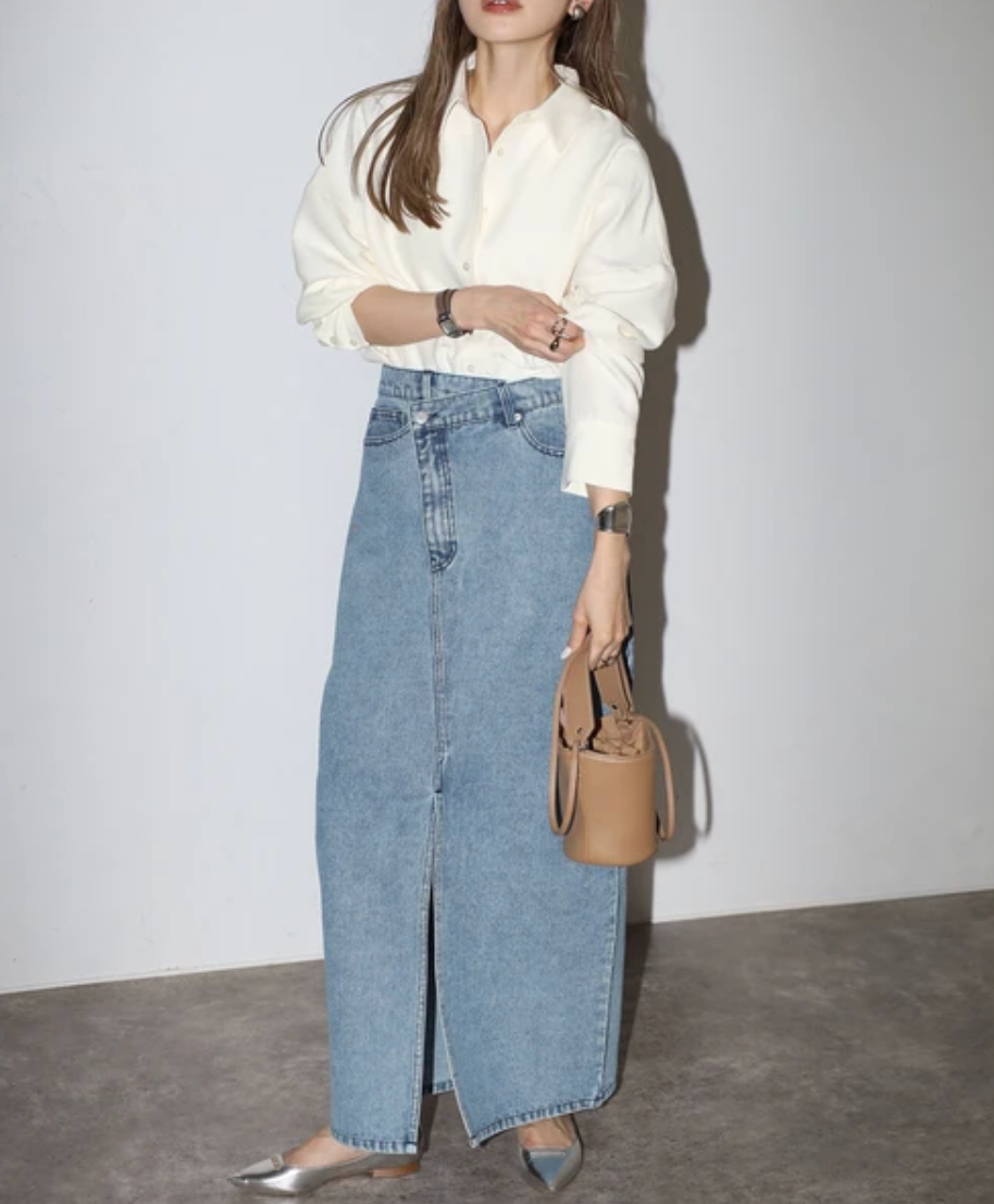 Cross Waist Denim Maxi Skirt