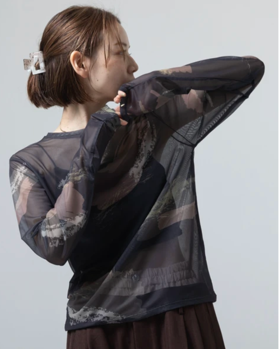 Painterly Sheer Crew Neck Top