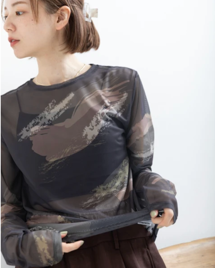 Painterly Sheer Crew Neck Top