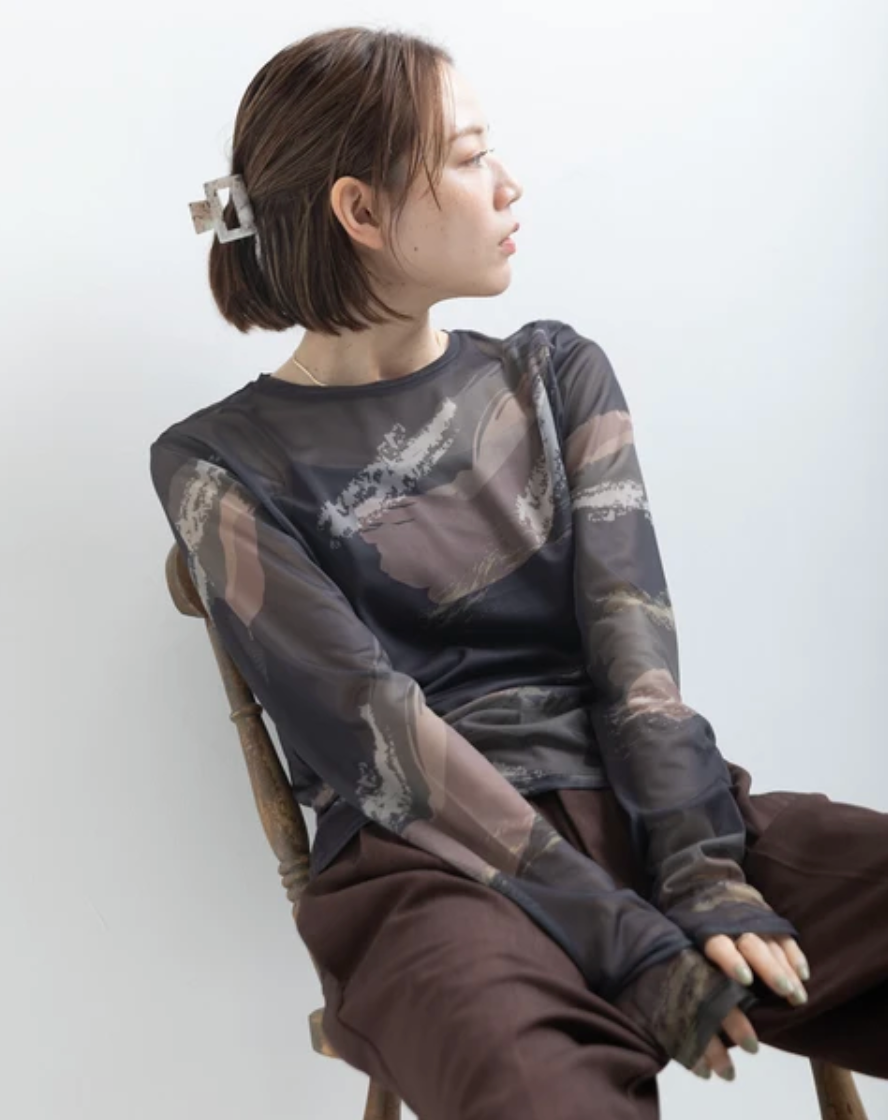 Painterly Sheer Crew Neck Top