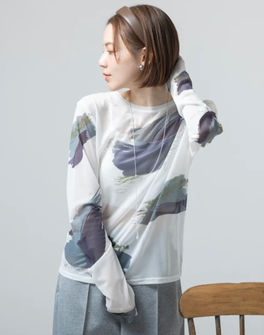 Painterly Sheer Crew Neck Top