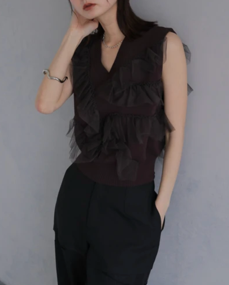 Ruffle Tulle V-Neck Knit Vest