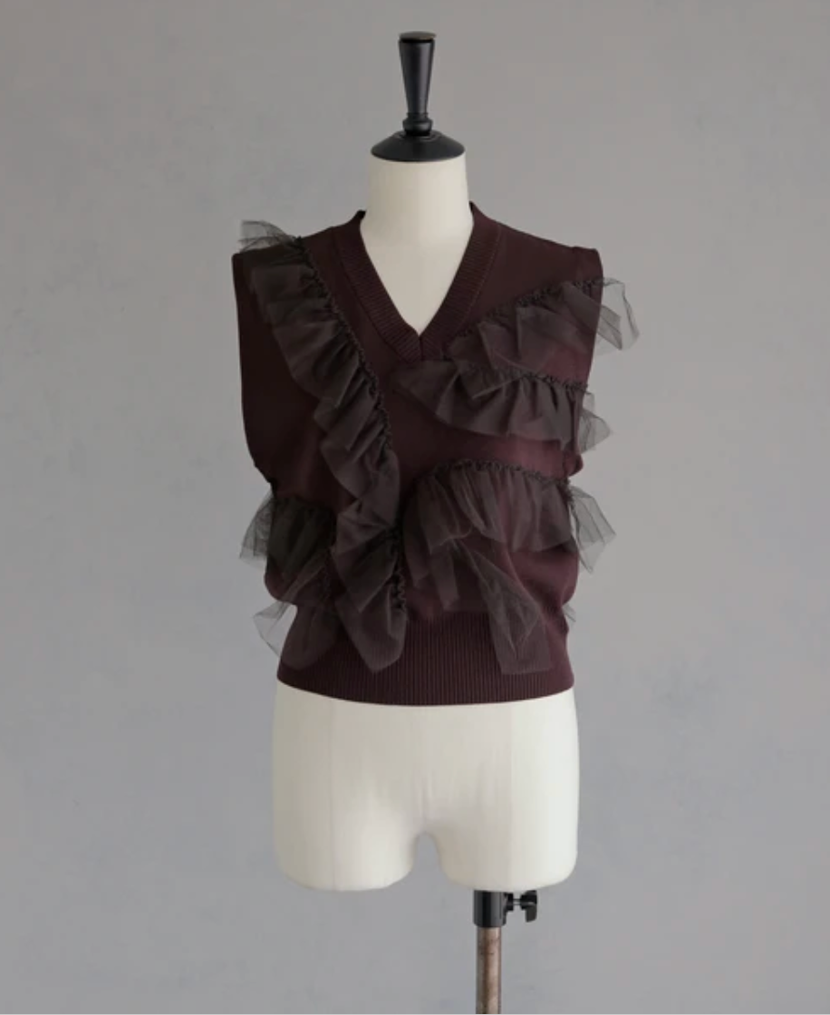 Ruffle Tulle V-Neck Knit Vest