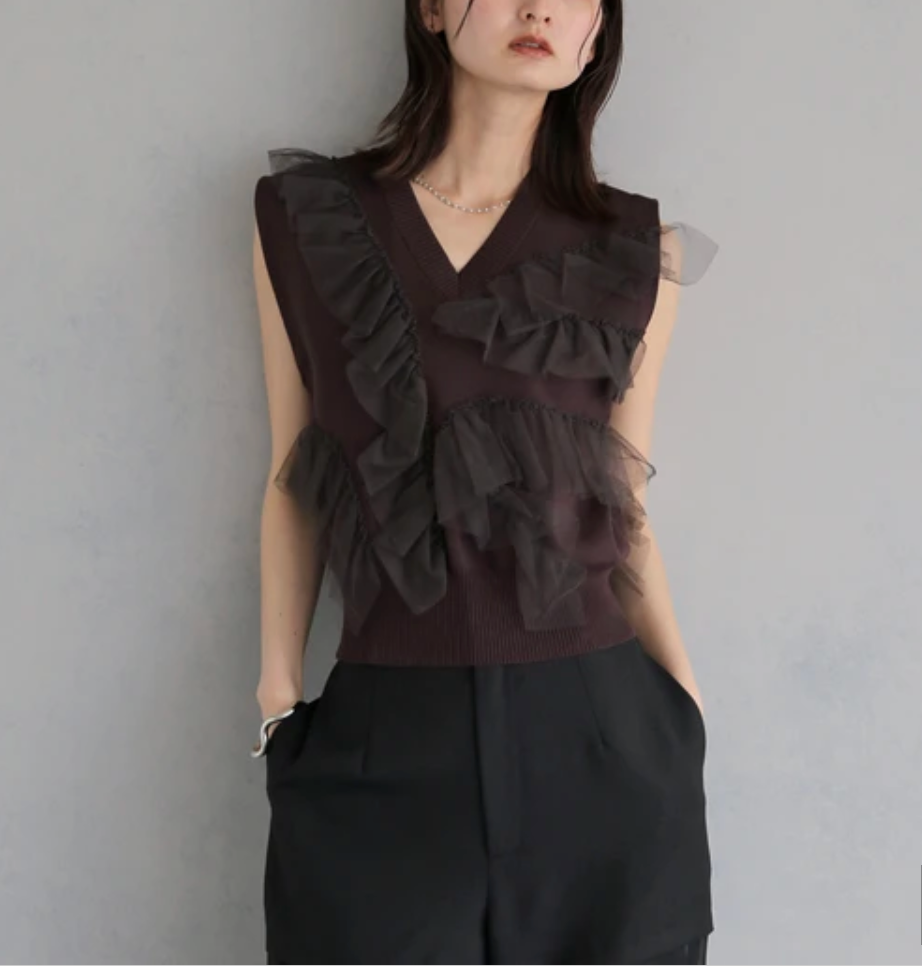 Ruffle Tulle V-Neck Knit Vest