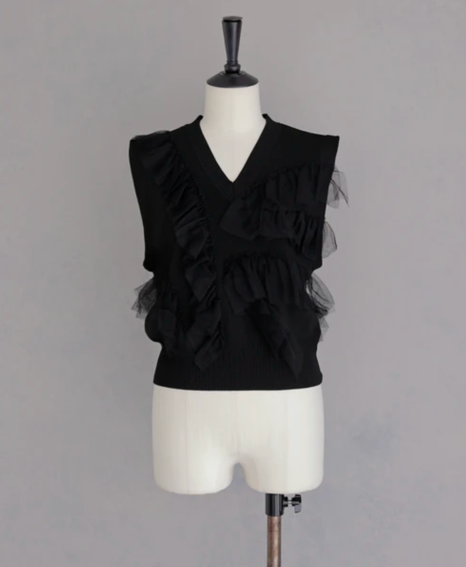 Ruffle Tulle V-Neck Knit Vest