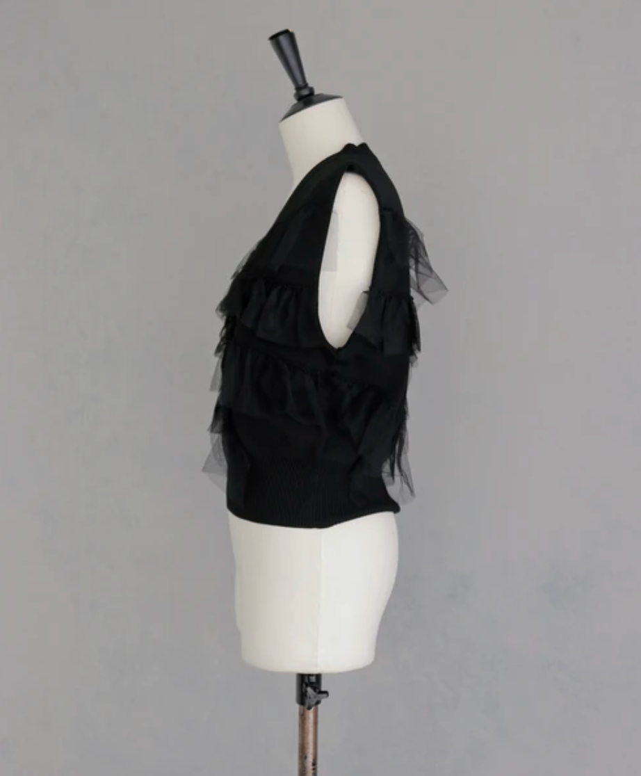 Ruffle Tulle V-Neck Knit Vest