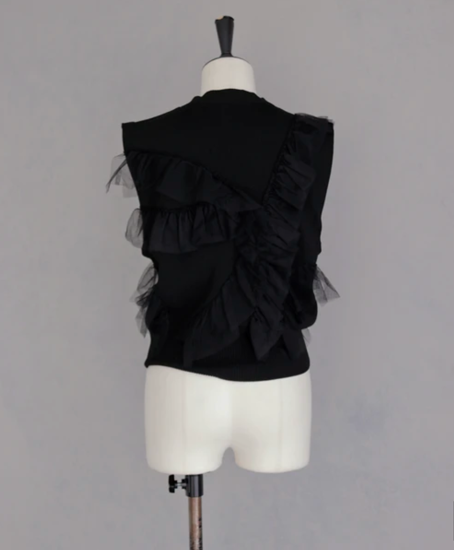 Ruffle Tulle V-Neck Knit Vest
