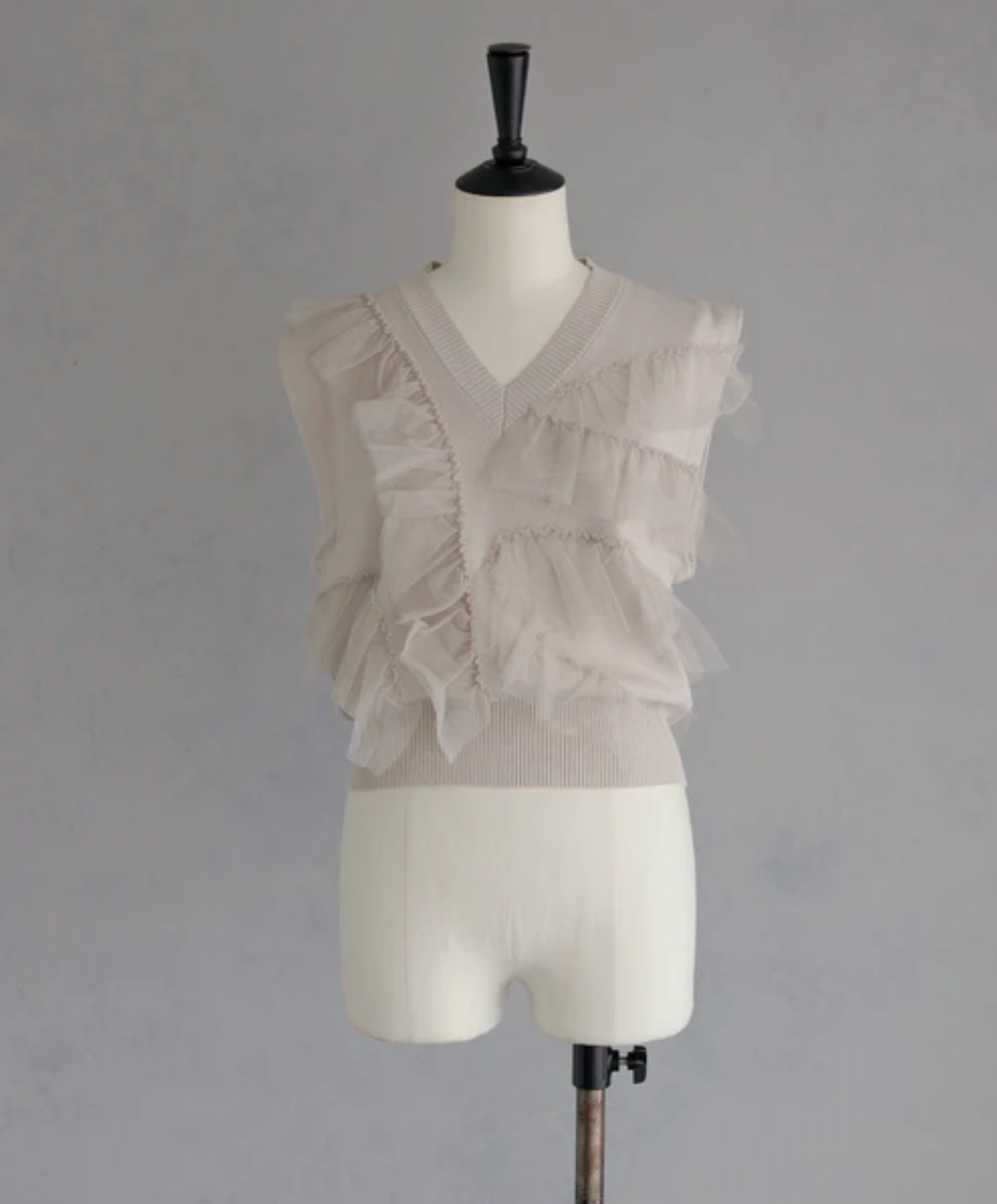 Ruffle Tulle V-Neck Knit Vest