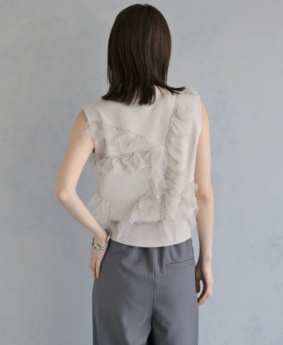Ruffle Tulle V-Neck Knit Vest