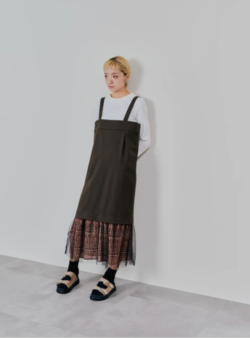 Tulle Overlay Strap Skirt with Contrast Plaid Hem