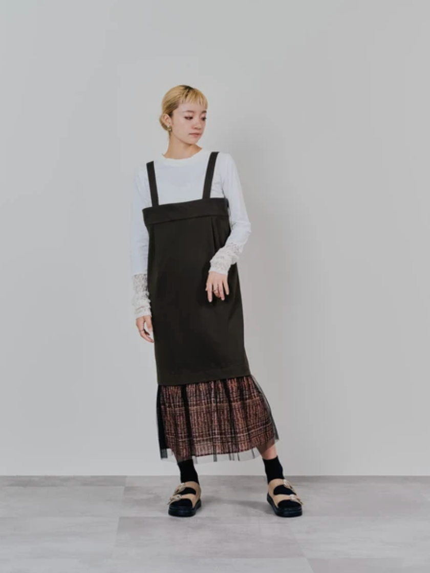 Tulle Overlay Strap Skirt with Contrast Plaid Hem