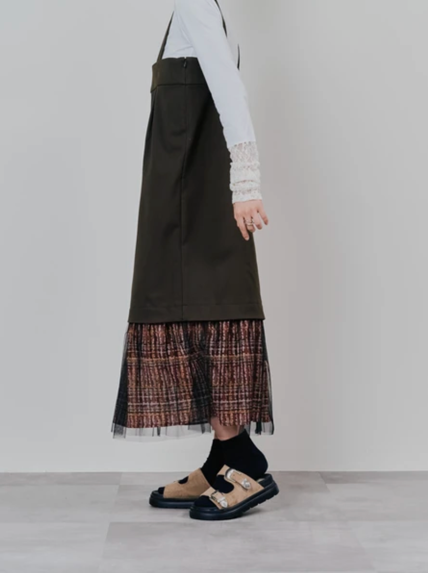 Tulle Overlay Strap Skirt with Contrast Plaid Hem