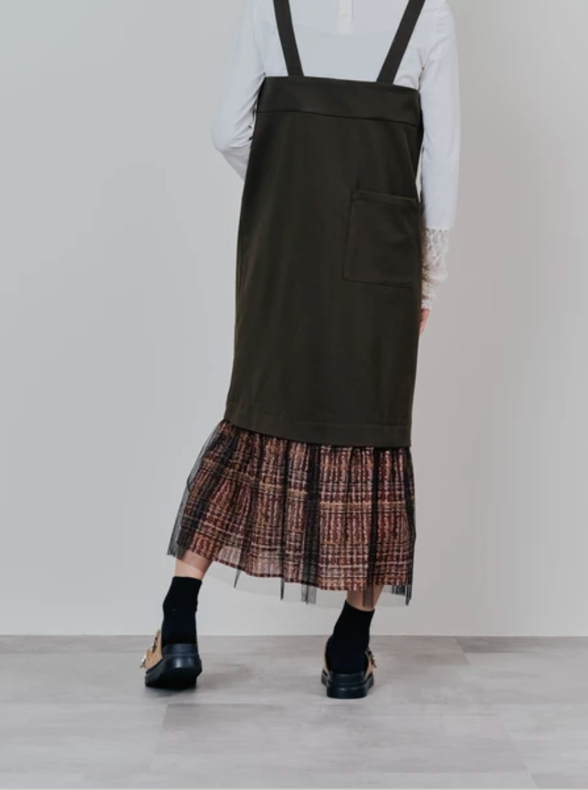 Tulle Overlay Strap Skirt with Contrast Plaid Hem
