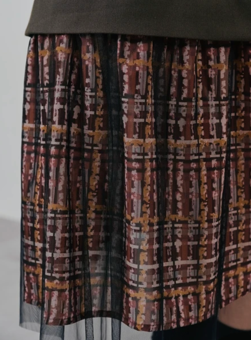 Tulle Overlay Strap Skirt with Contrast Plaid Hem