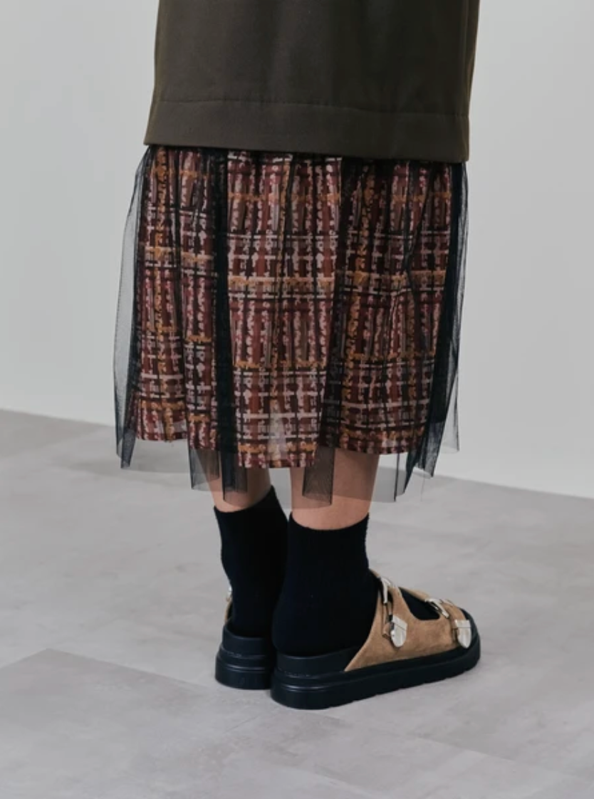 Tulle Overlay Strap Skirt with Contrast Plaid Hem