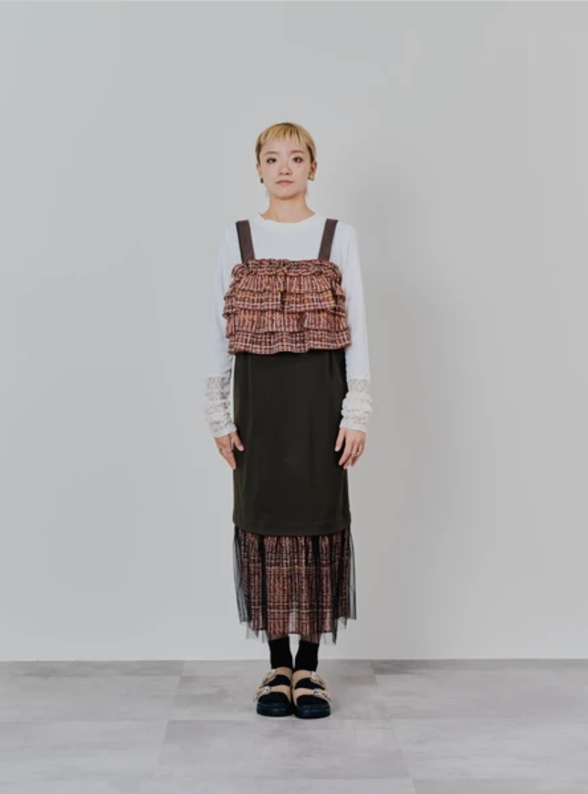 Tulle Overlay Strap Skirt with Contrast Plaid Hem