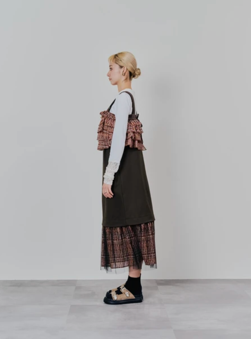 Tulle Overlay Strap Skirt with Contrast Plaid Hem