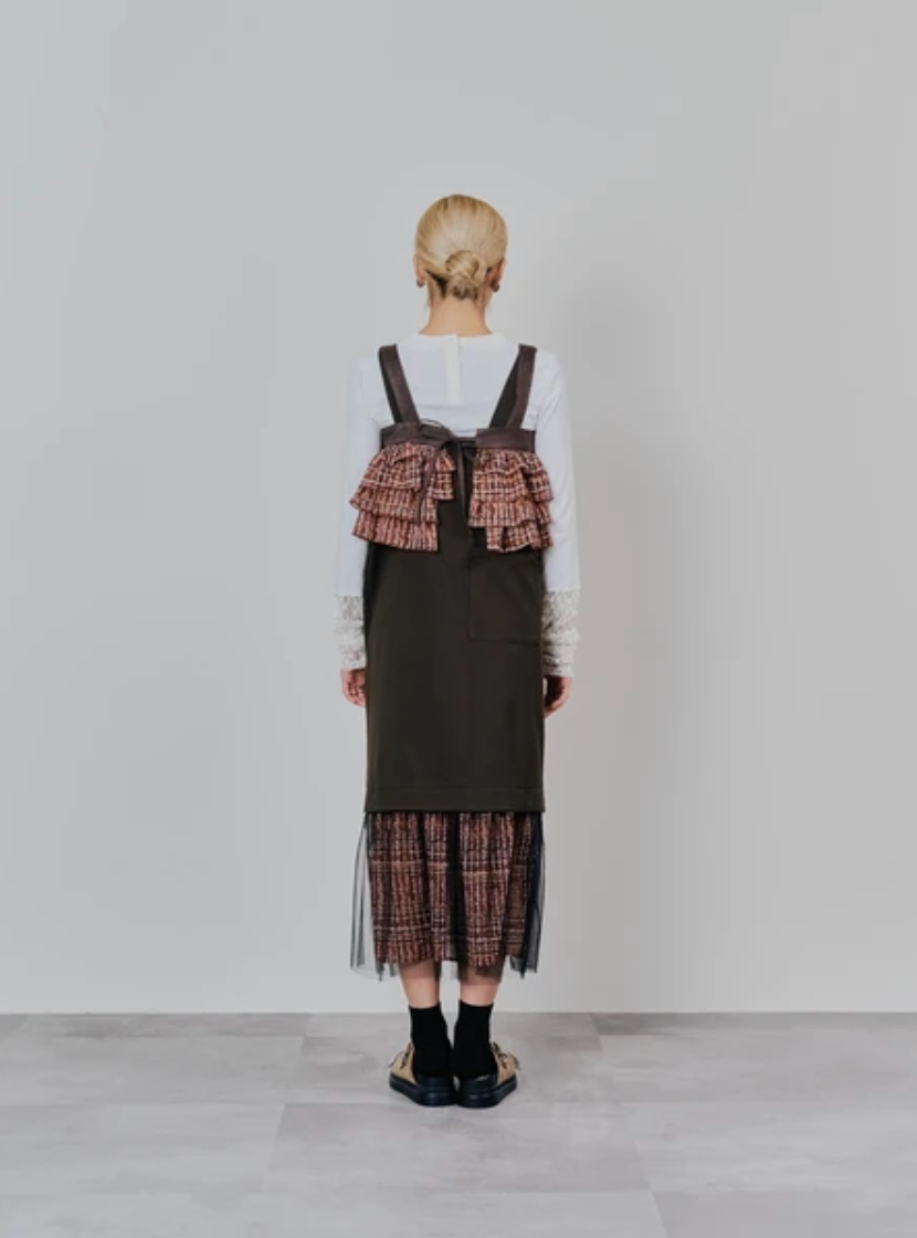 Tulle Overlay Strap Skirt with Contrast Plaid Hem