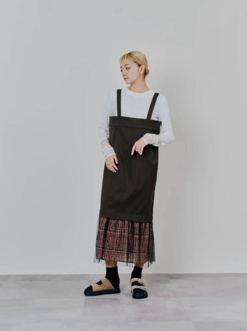 Tulle Overlay Strap Skirt with Contrast Plaid Hem