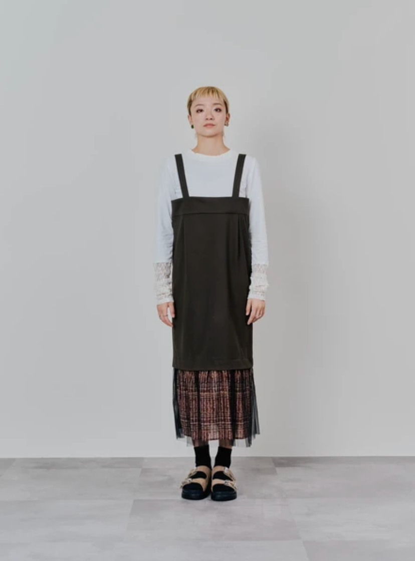 Tulle Overlay Strap Skirt with Contrast Plaid Hem
