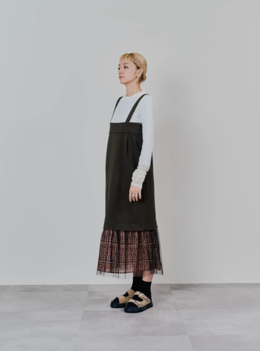 Tulle Overlay Strap Skirt with Contrast Plaid Hem