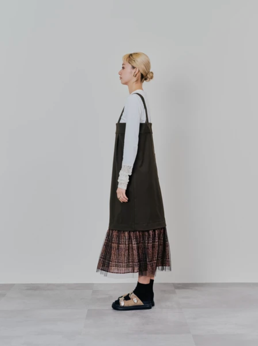 Tulle Overlay Strap Skirt with Contrast Plaid Hem