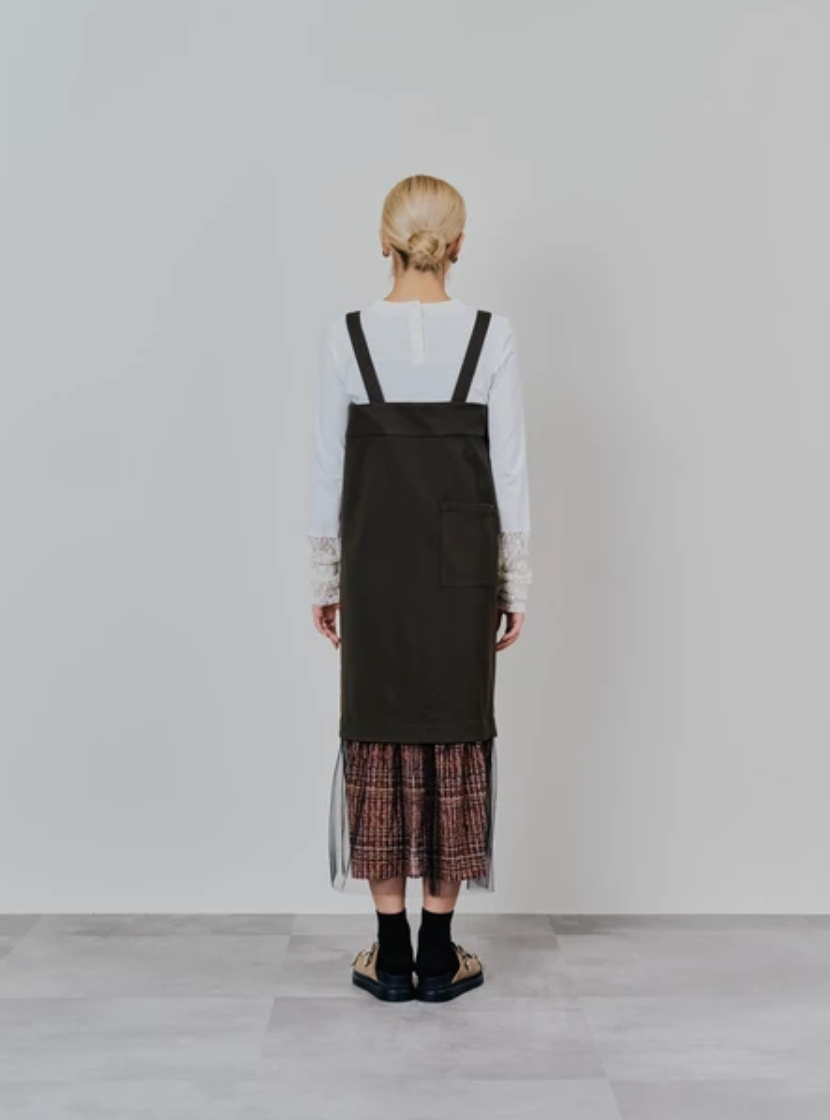 Tulle Overlay Strap Skirt with Contrast Plaid Hem