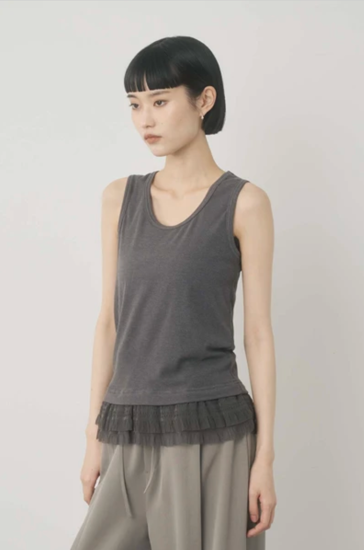 Ruffle Lace-Hem Ribbed Tank