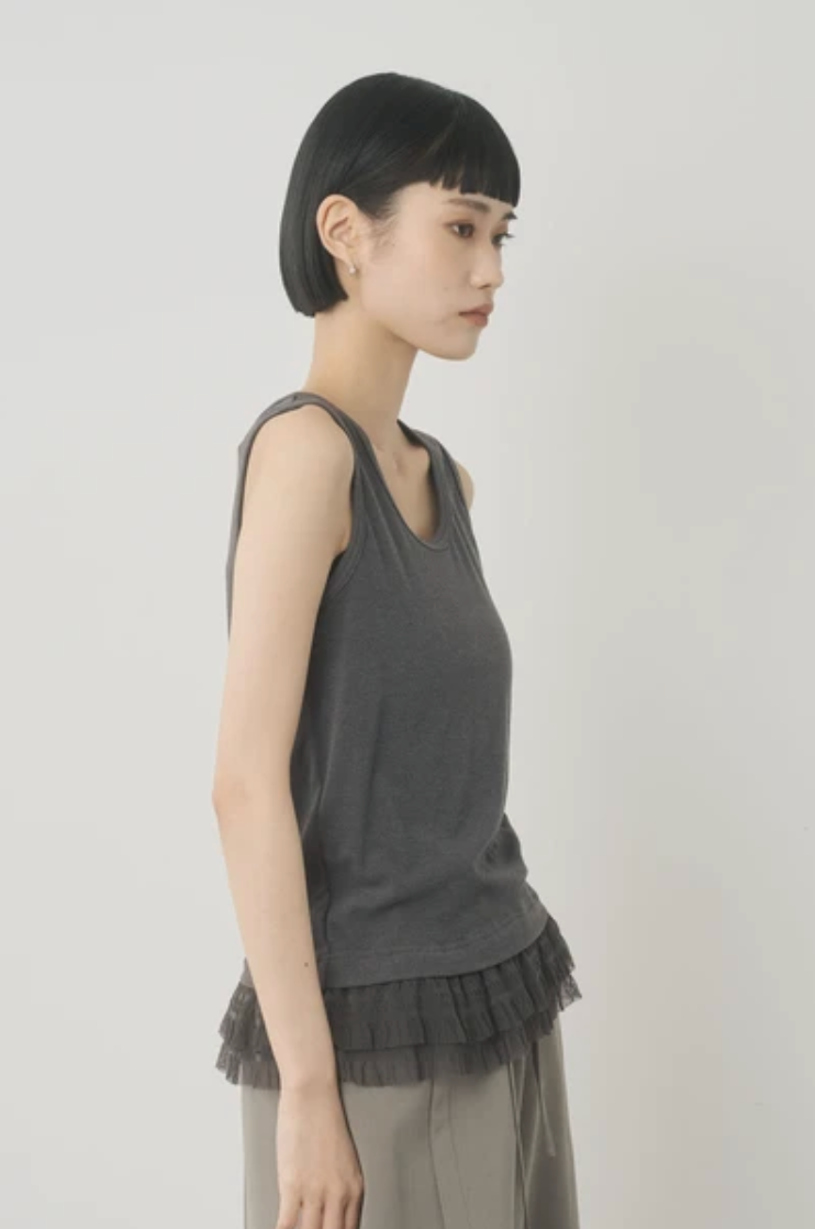 Ruffle Lace-Hem Ribbed Tank