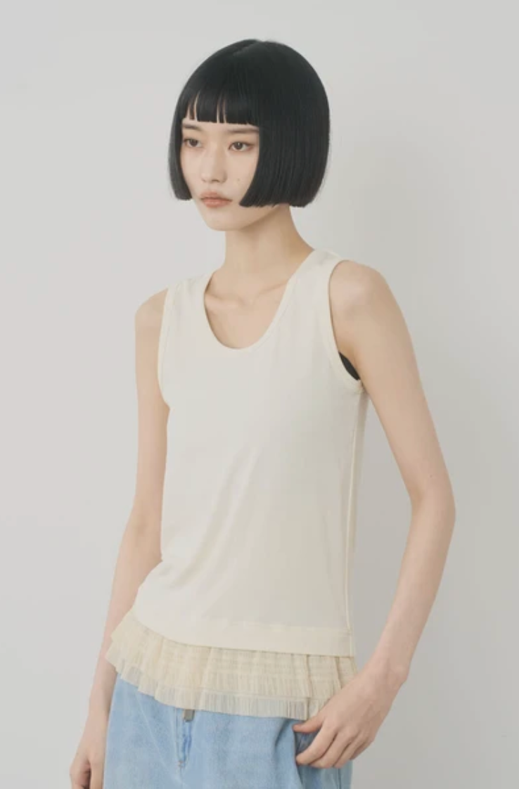 Ruffle Lace-Hem Ribbed Tank