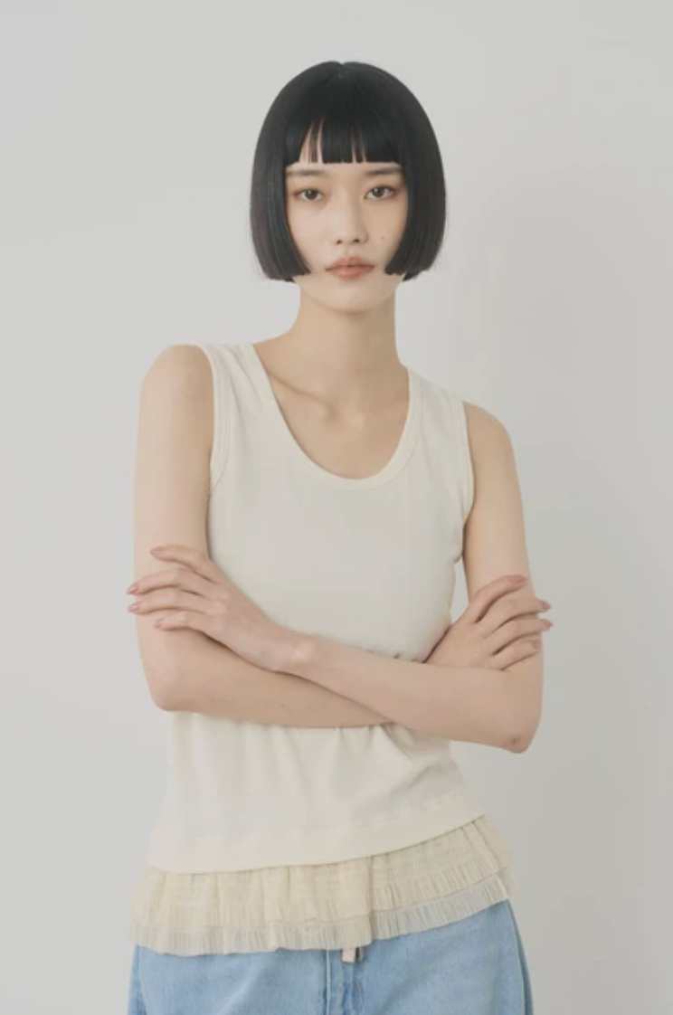Ruffle Lace-Hem Ribbed Tank