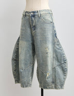 Barrel-Cut Washed Denim Shorts
