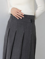 Bab Pinstripe Pleated Skirt with Diagonal Buttons