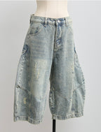 Barrel-Cut Washed Denim Shorts